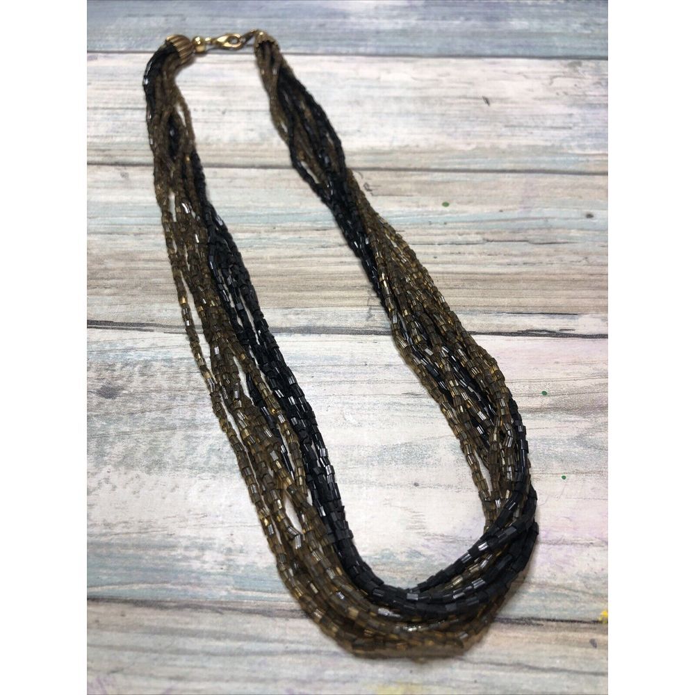 Black Brown Multi-strand tube‎ Glass Seed Beads Necklace 18" Shimmer